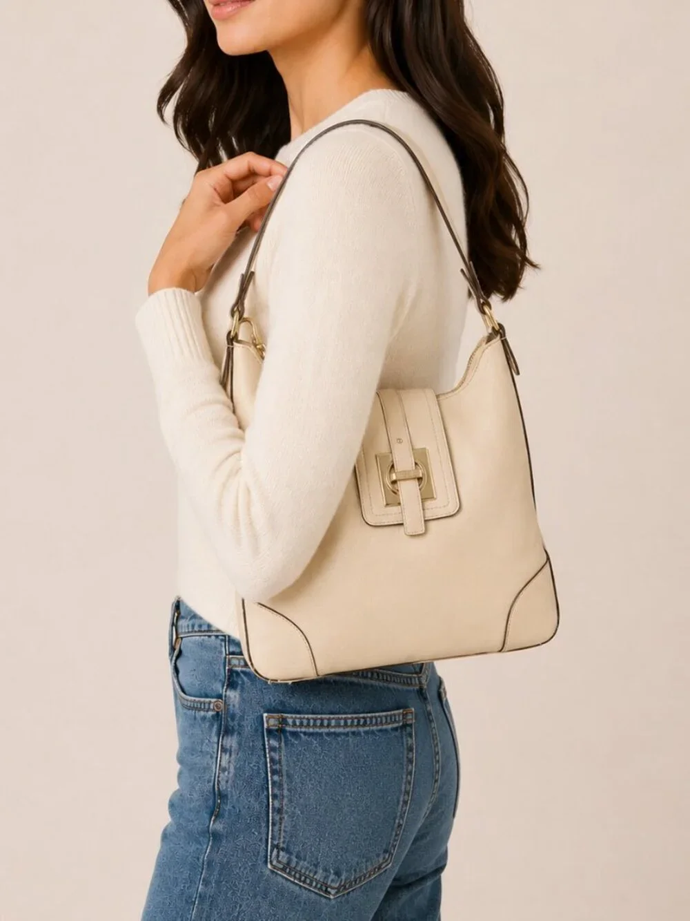 Kate Spade Gold Coast Stevie Hobo Ivory Cream Pebbled Leather Shoulder Bag